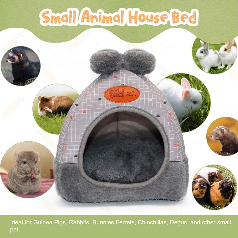 YUEPET Bunny Bed Warm Guinea Pig Cave Beds Cute Bowknot House Big Hideouts Cage Accessorie for Dwarf Rabbits Hamster Bunny Ferrets Rats Hedgehogs Chinchilla (Grey Grid) - Image 3